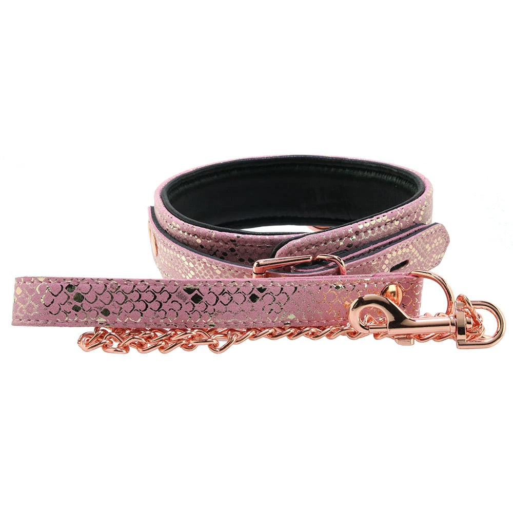 Lockable Leather Collar and Leash in Snake Print