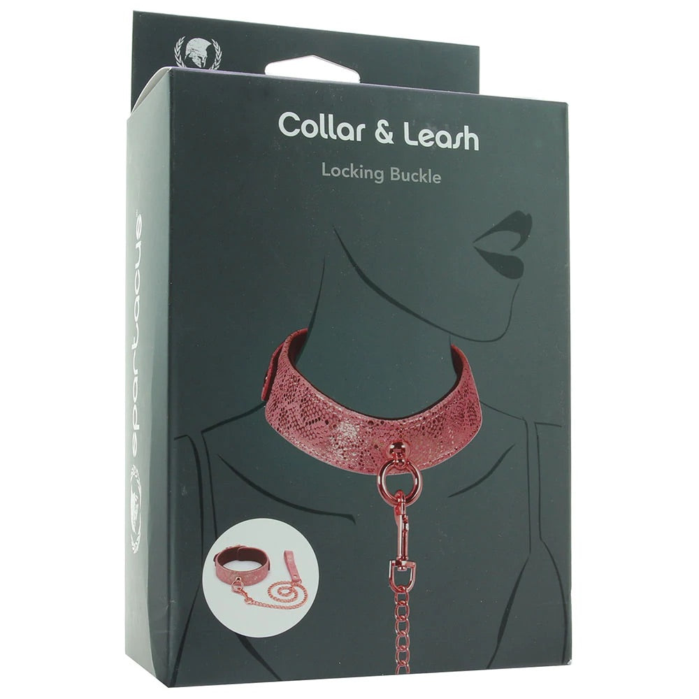 Lockable Leather Collar and Leash in Snake Print