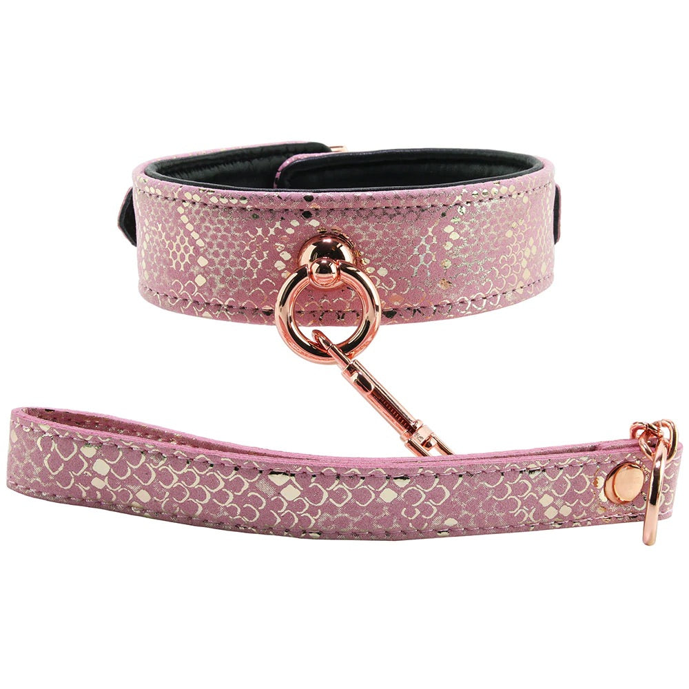 Lockable Leather Collar and Leash in Snake Print